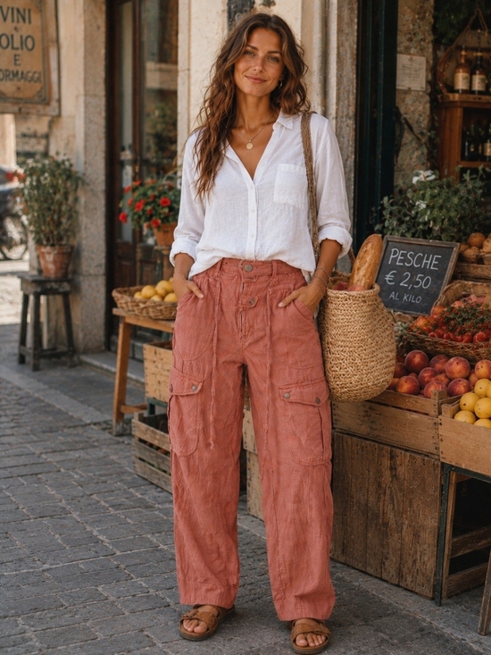 We The Free Pants - Free People We The Free Dusty Rose Linen Blend Cargo Pants Medium Boho Wide Leg